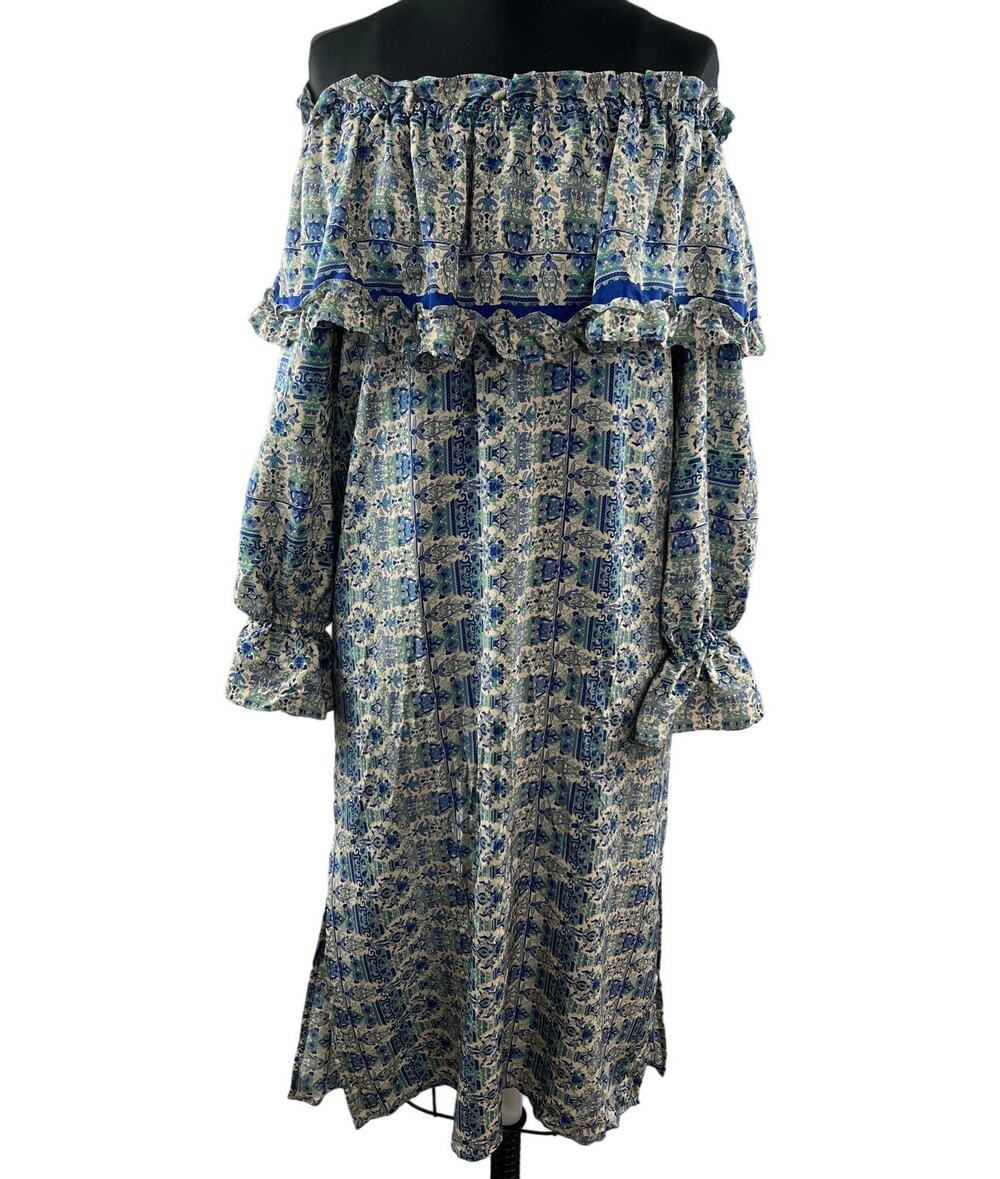 Kristinit Off The Shoulder Silk Dress Balloon Sleeve Flounce Neck Ruffles Sz XS
